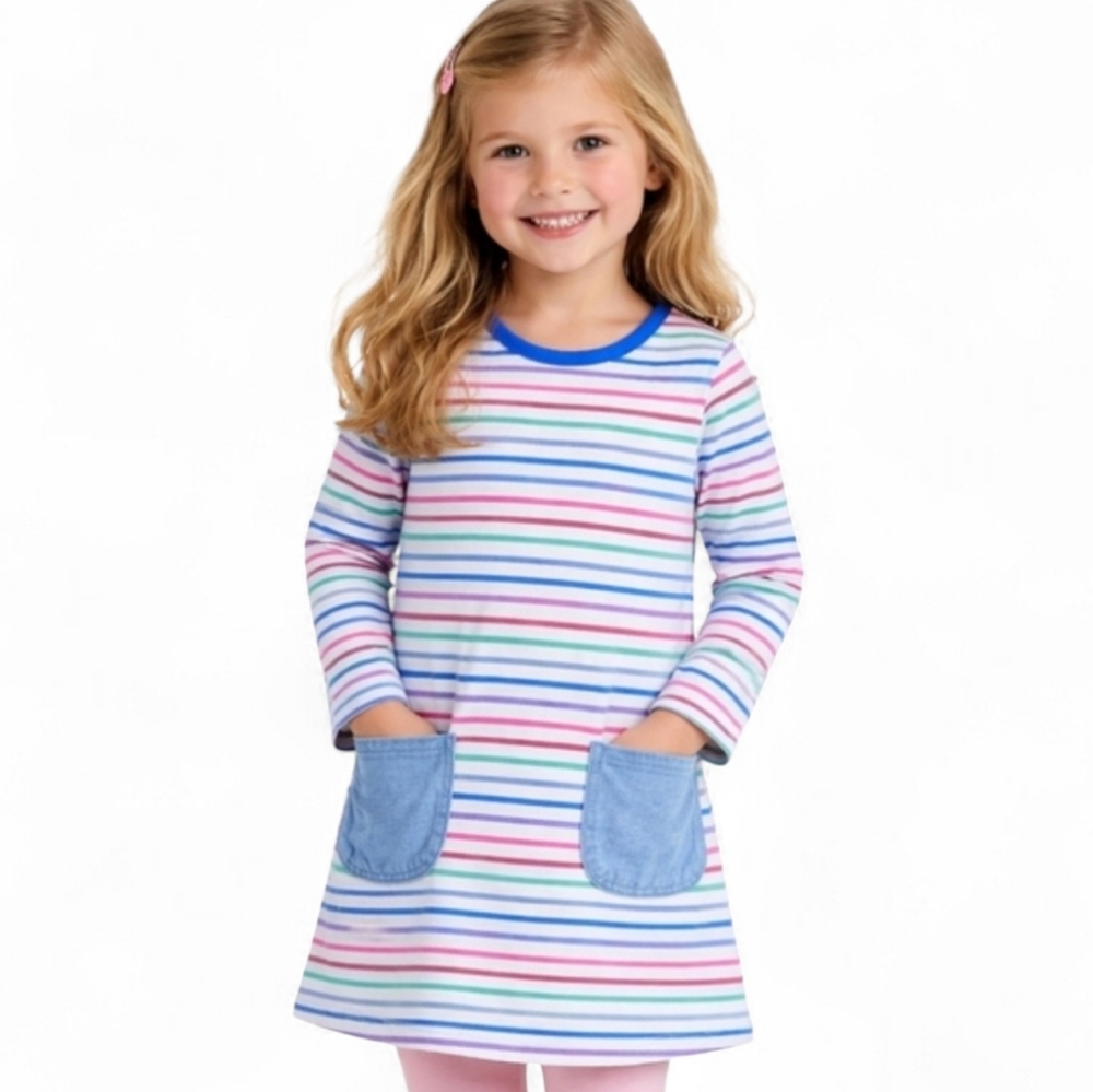 Mini Boden Casual Dress Girls Toddler Sz3-4y Multicolored Striped Cotton Pockets